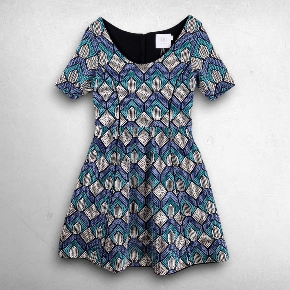 Anthropologie HD in Paris Hollyhock Dress Women S Blue Retro Indie Mod Fit Flare